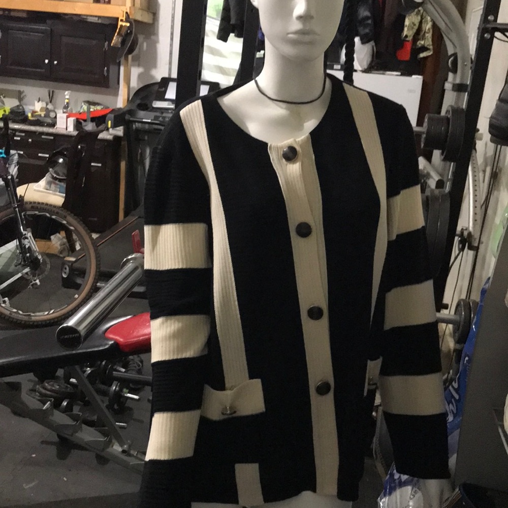 Black and Cream Striped Cardigan Sweater
